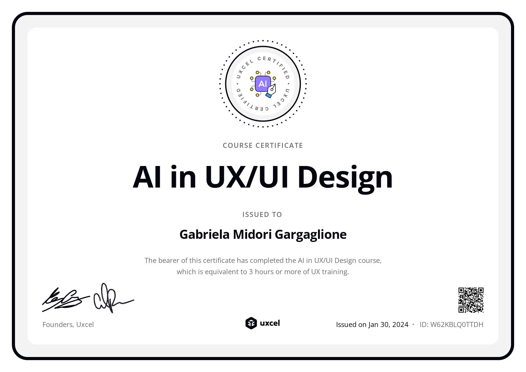 Gabriela Gargaglione's certificate